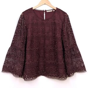 Soft Surroundings Lace Blouse Bell Sleeve Floral Medallion Whimsigoth Maroon XL